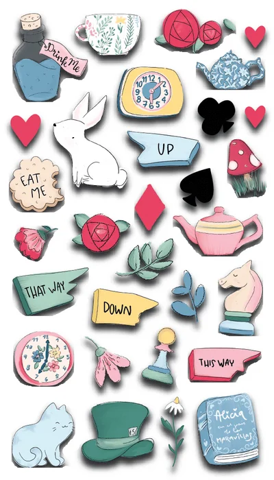 Set de pegatinas chipboard (31 piezas adhesivas de cart&oacute;n troqueladas e impresas) ALICIA by Sami Garra