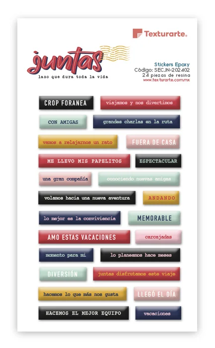 Paquete de stickers de resina (epoxy) Colecci&oacute;n Juntas frases